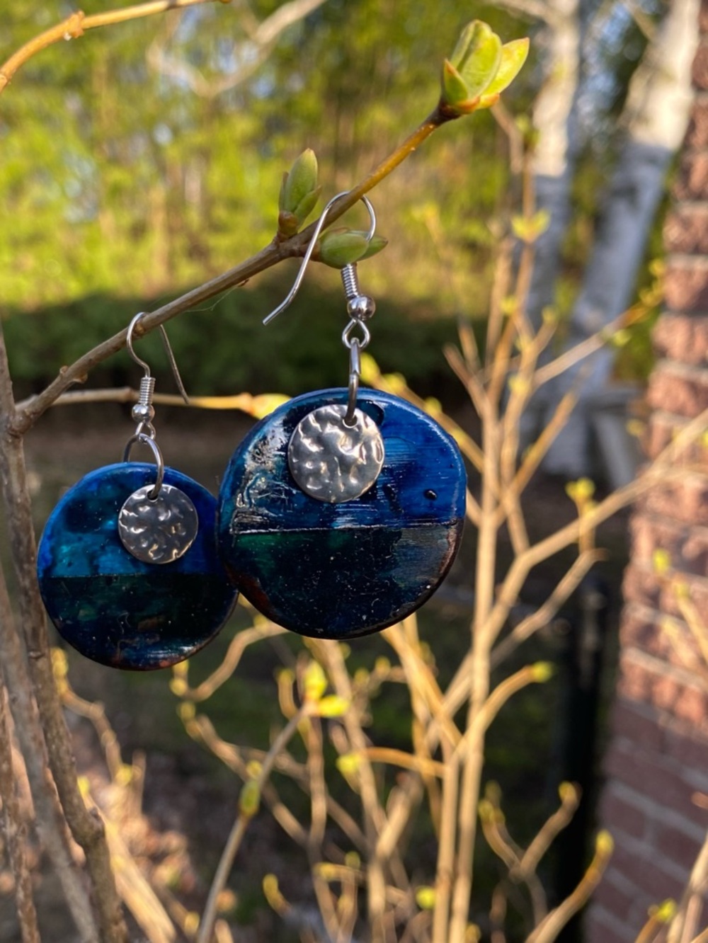 Handmade Deep Blue Round Clay Earrings with Silver Discs